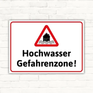 Schild mit dem Motiv Hochwasser Gefahrenzone und Warnsymbol im Querformat