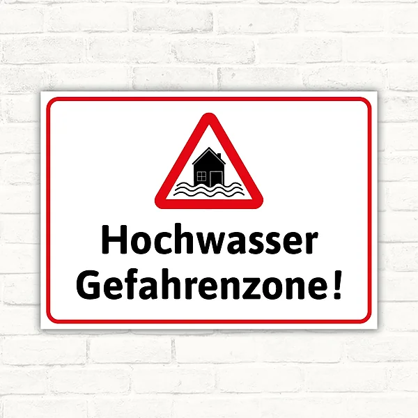 Schild mit dem Motiv Hochwasser Gefahrenzone und Warnsymbol im Querformat