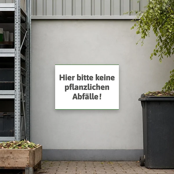 Ein querformatiges Verbotsschild hängt an einer Hof- oder Grünflächenzufahrt und weist Besucher darauf hin, keine pflanzlichen Abfälle abzuladen.