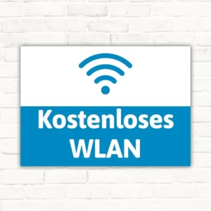 Schild mit der Aufschrift Kostenloses WLAN und WLAN-Symbol in Blau und Weiß