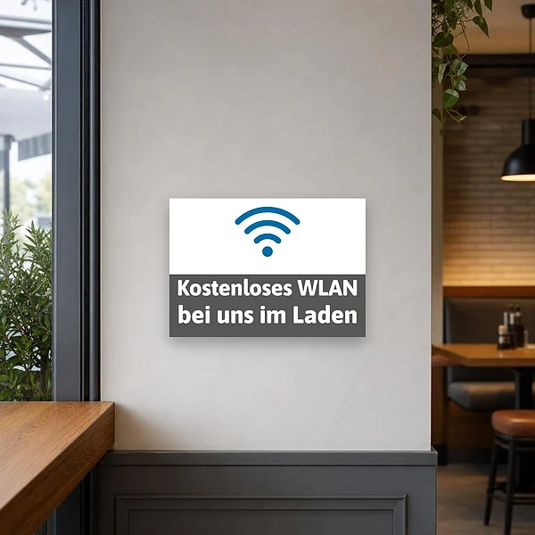 Ein modernes Hinweisschild am Eingang eines Ladens informiert Kundinnen und Kunden darüber, dass kostenloses WLAN verfügbar ist.