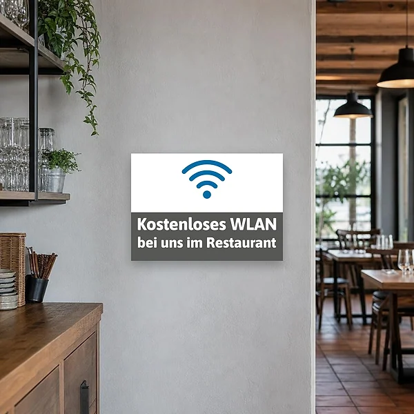 WLAN-Hinweisschild an der Wand eines Restaurants, damit Gäste den kostenlosen Internetzugang sofort erkennen.