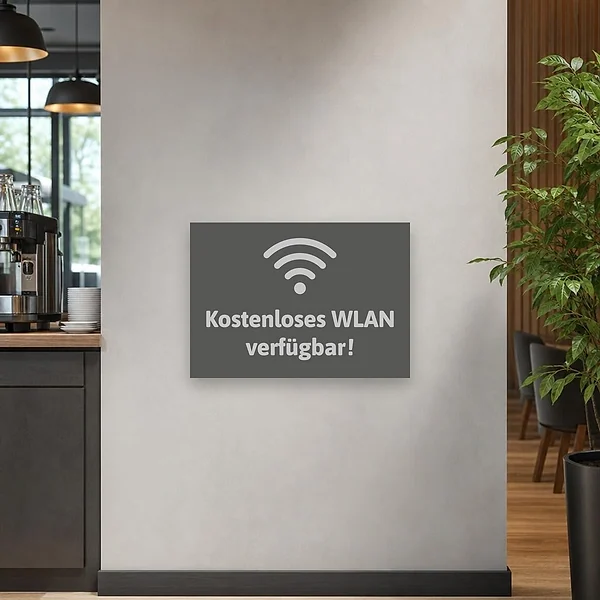 Ein graues Hinweisschild mit WLAN-Symbol hängt gut sichtbar an einer hellen Innenwand in einem Empfangs- oder Gästebereich.
