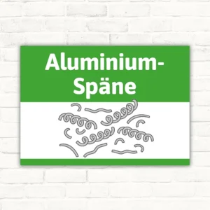 Schild mit der Aufschrift Aluminium-Späne und grün-weißem Layout