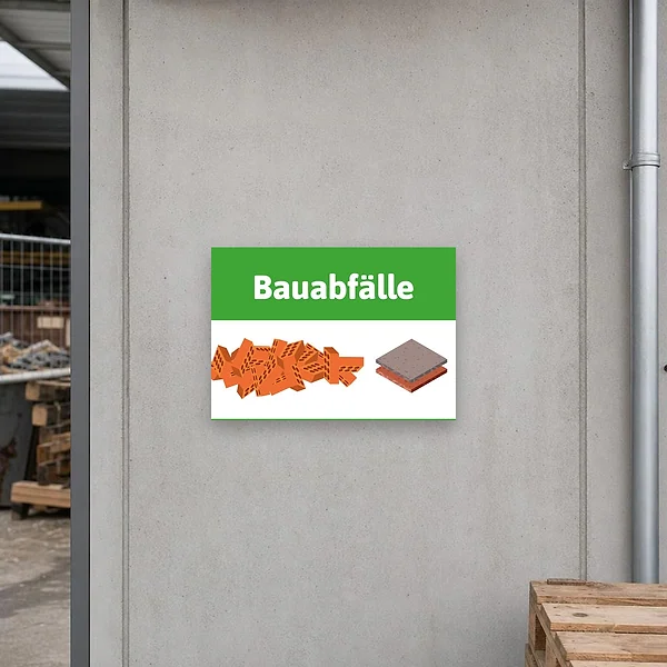 Bauabfälle-Hinweisschild im Querformat an einer Baustellenfläche oder am Container zur Kennzeichnung von Entsorgungsabfällen