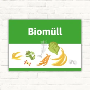 Schild mit der Aufschrift Biomüll und bunten Bioabfall-Symbolen