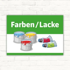 Schild mit der Aufschrift Farben / Lacke und Motiv mit Farbdosen und Lacktuben
