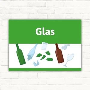 Hinweisschild mit der Aufschrift Glas und Symbolen für Glasflaschen und Glasscherben