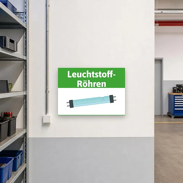 Leuchtstoffröhren-Hinweisschild an einem Sammelbereich in Werkstatt oder Wertstoffhof zur klaren Kennzeichnung des Entsorgungsplatzes
