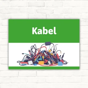 Schild mit der Aufschrift Kabel und einem Haufen bunter Kabel