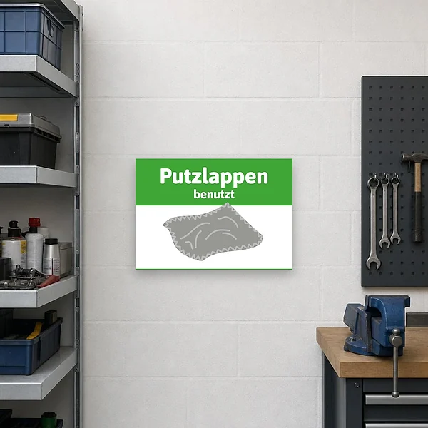 Hinweisschild an einer Werkstattwand zur Kennzeichnung eines Sammelbereichs für benutzte Putzlappen