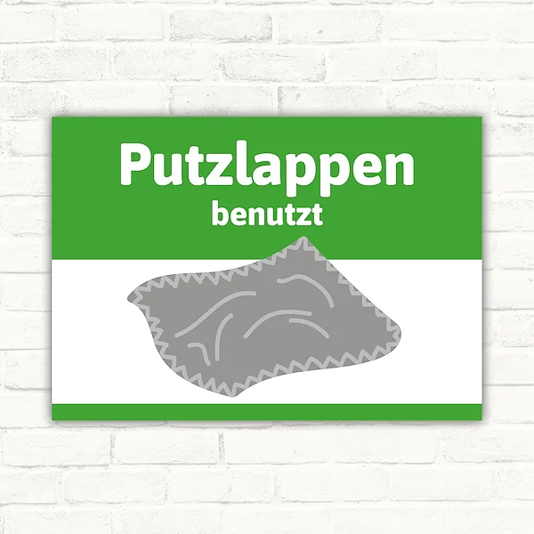 Putzlappen benutzt Schild mit grünem Kopfbereich und grauem Putzlappen-Symbol