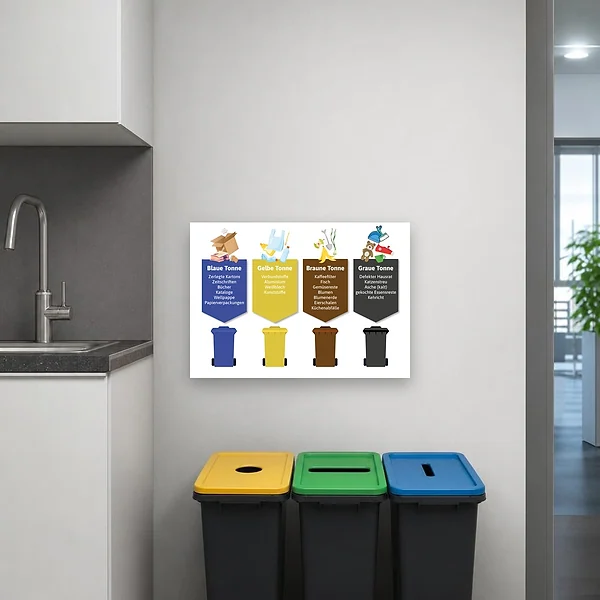 Ein Querformat-Hinweisschild zur Mülltrennung an einer Wand im Innen- oder Außenbereich mit farbigen Bereichen für blaue, gelbe, braune und graue Tonn