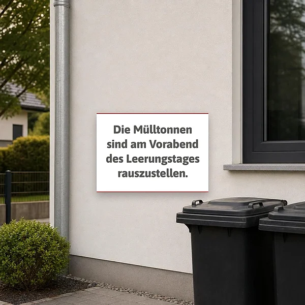 Aushang an einer Hauswand neben dem Müllplatz, der Bewohner daran erinnert, die Mülltonnen am Vorabend des Leerungstages bereitzustellen.