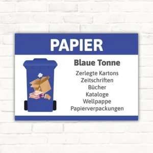 Hinweisschild mit der Aufschrift PAPIER und Motiv einer blauen Tonne mit Kartons, Zeitschriften, Büchern und Papierverpackungen.