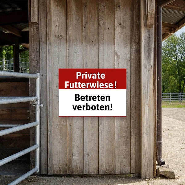 Ein Warnschild an einer privaten Futterwiese am Zaun oder Eingang, das Spaziergänger auf das Betretungsverbot hinweist.