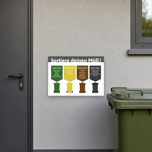 Ein übersichtliches Mülltrennungsschild hängt an einer hellen Wand in einem Gemeinschaftsbereich und erklärt die richtige Zuordnung von Abfällen zu gr