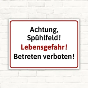 Warnschild mit dem Text 'Achtung, Spülfeld! Lebensgefahr! Betreten verboten!' in Weiß, Schwarz und Rot