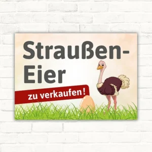Schild mit der Aufschrift Straußen-Eier zu verkaufen und Strauß-Motiv