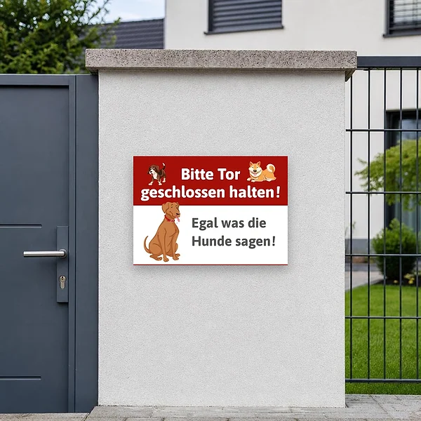 Humorvolles Hundeschild am Gartentor, das Besucher freundlich daran erinnert, das Tor geschlossen zu halten.