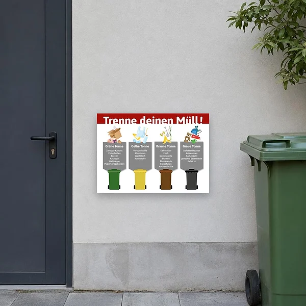Beschilderte Mülltrennungsübersicht an einer Wand mit klaren Farbfeldern für grüne, gelbe, braune und graue Tonne in einem Aufstellbereich