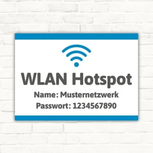 WLAN Hotspot Schild mit Netzwerkname Musternetzwerk und Passwort 1234567890