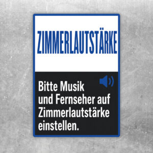 Zimmerlautstärke Aufkleber mit Fernseher, Lautsprecher und Hinweis auf leise Musik- und TV-Nutzung im Wohnbereich.