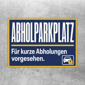 Abholparkplatz Aufkleber im Querformat mit blauem Text, roter Linie und Illustration eines Autos an Abholstation.