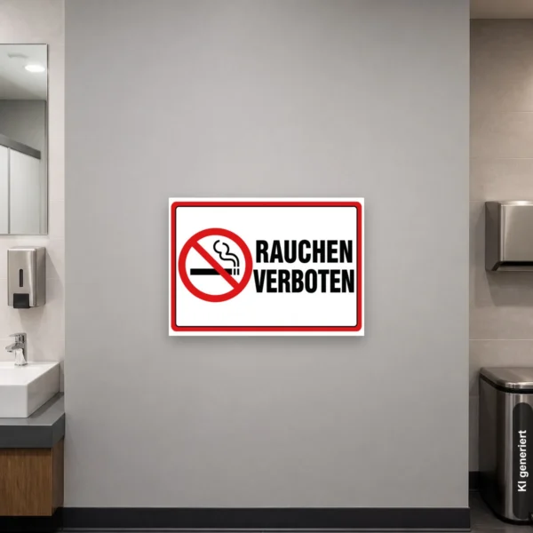 KI-generiertes Anwendungsbeispiel: Querformat-Schild mit rotem Verbotssymbol und Text 'RAUCHEN VERBOTEN' für einen Eingang.