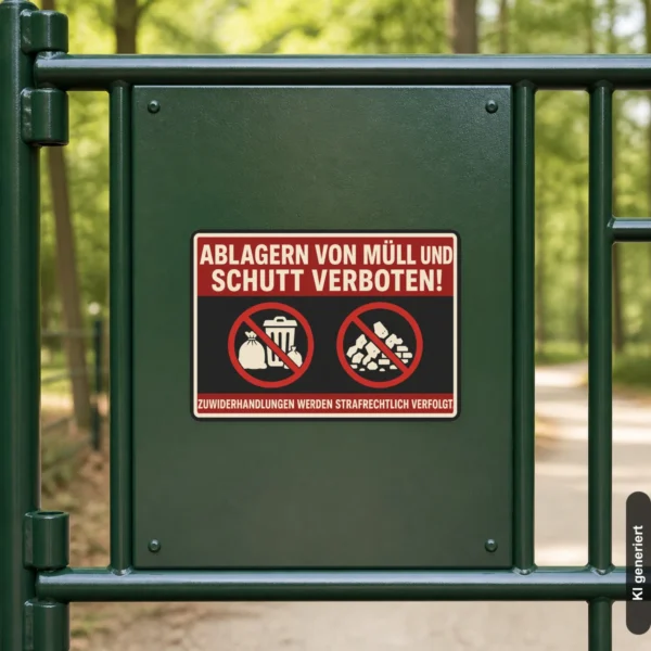 KI-generiertes Anwendungsbeispiel: Müll und Schutt abladen verboten Aufkleber auf einem Zaunpfosten an einer Hofeinfahrt.