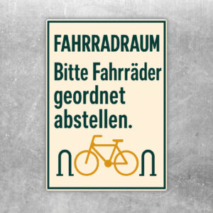 Fahrradraum Aufkleber mit Fahrrädern im Abstellraum und Text Bitte Fahrräder geordnet abstellen.
