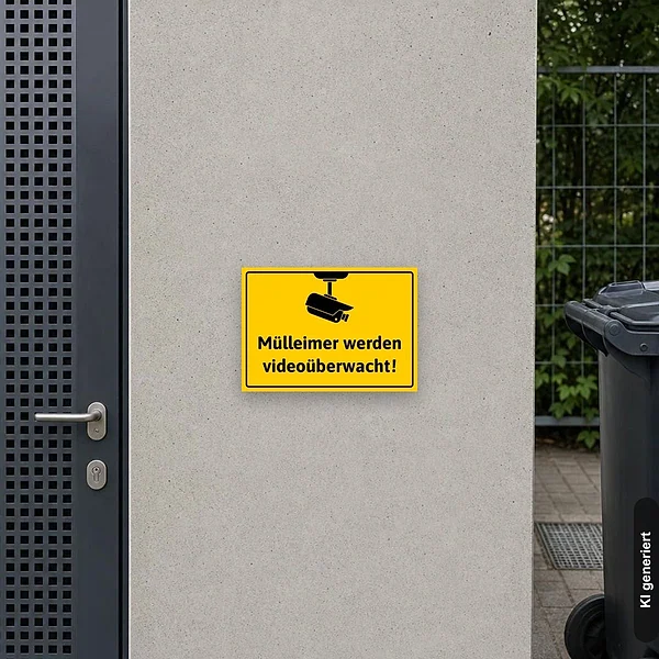 KI-generiertes Anwendungsbeispiel für Schild Mülleimer werden videoüberwacht Videoüberwachung: Schild klein und realistisch am passenden Einsatzort dargestellt.