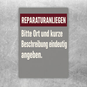 Reparaturanliegen Aufkleber im Hochformat mit Personen am Tresen und Hinweis zu Ort und kurzer Beschreibung.