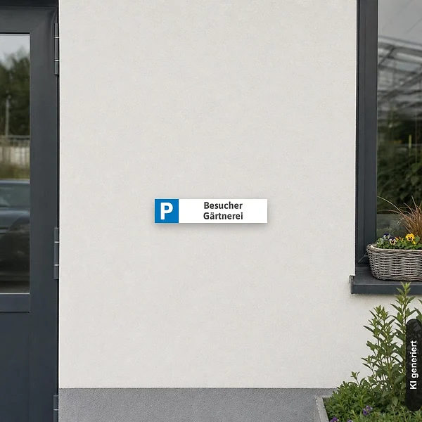 KI-generiertes Anwendungsbeispiel für Schild Parkplatzschild Kennzeichenschild Besucher Gärtnerei: Schild klein und realistisch am passenden Einsatzort dargestellt.