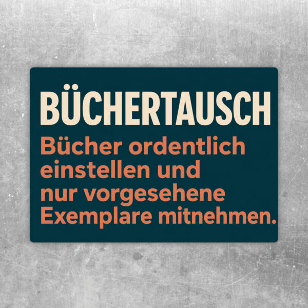 Büchertausch Aufkleber im Querformat mit Regal, lesenden Personen und Hinweis zum ordentlichen Einstellen von Büchern.