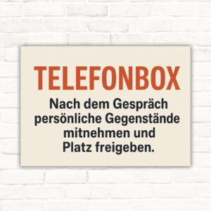Telefonbox Schild mit Text „Nach dem Gespräch persönliche Gegenstände mitnehmen und Platz freigeben.“ im Retro-Design.