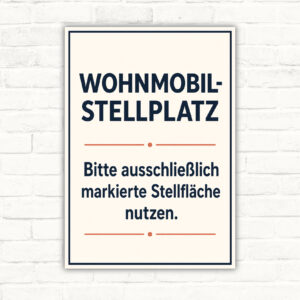 Wohnmobil Stellplatz Schild – markierte Stellfläche nutzen mit gut lesbarem Motiv und klarer Beschriftung als bedrucktes Schild aus Aluminium-Verbundplatte.