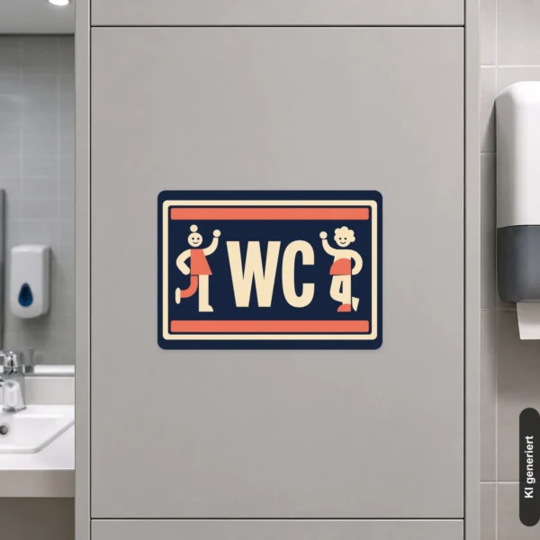 KI-generiertes Anwendungsbeispiel: WC Aufkleber im Querformat mit Damen- und Herren-Symbolen als klare Türkennzeichnung im Innenraum.