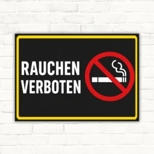 Rauchen verboten Schild im Querformat mit schwarzem Hintergrund, rotem Verbotssymbol und weißem Text.