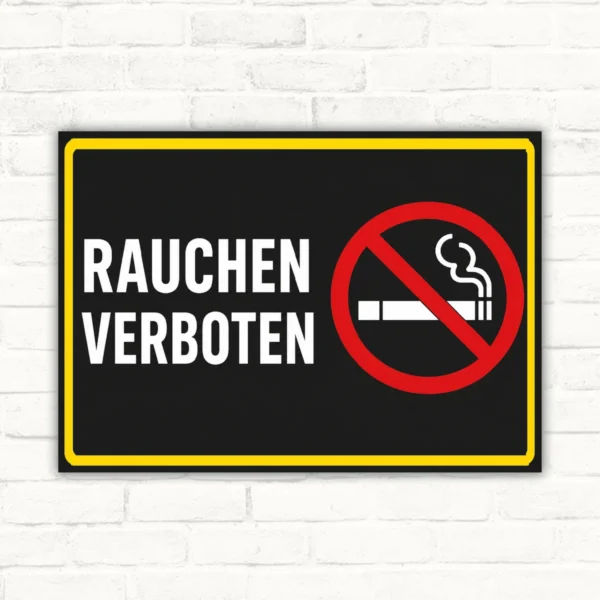 Rauchen verboten Schild im Querformat mit schwarzem Hintergrund, rotem Verbotssymbol und weißem Text.