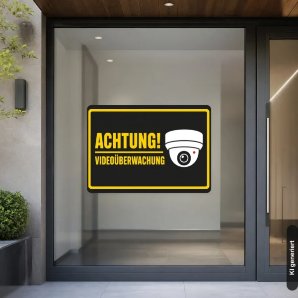 KI-generiertes Anwendungsbeispiel: Achtung Videoüberwachung Aufkleber im Querformat an einer gläsernen Eingangstür mit gelbem Warnrahmen.
