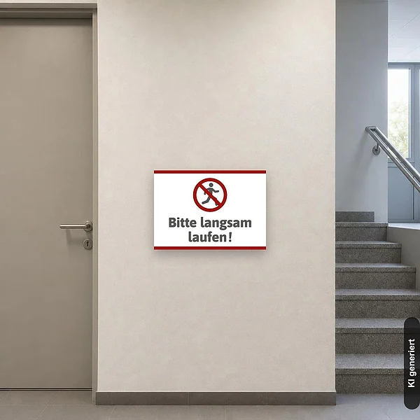 KI-generiertes Anwendungsbeispiel für Schild Bitte langsam laufen: Schild klein und realistisch am passenden Einsatzort dargestellt.