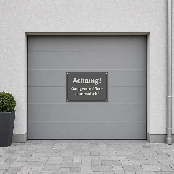 Edler Hinweisaufkleber für die Garage mit dem Text Achtung Garagentor öffnet automatisch.