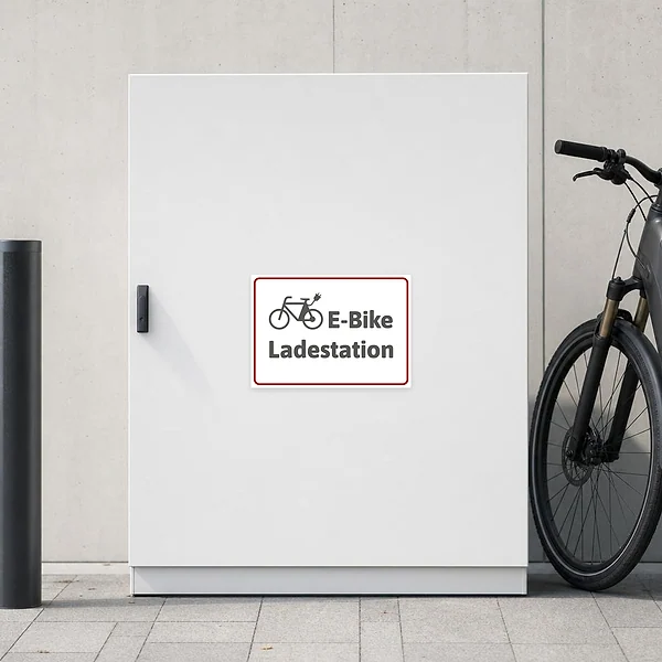 E-Bike-Ladestation-Aufkleber mit Fahrradsymbol zur Markierung von Ladebereichen und Fahrradstellplätzen.