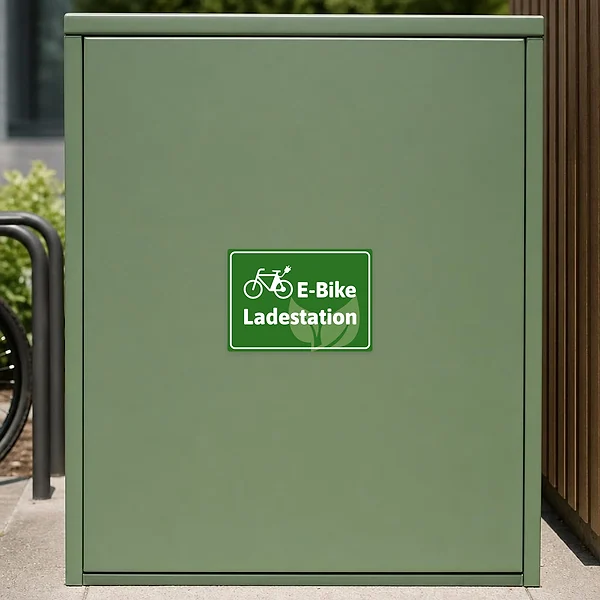 E-Bike Ladestation Aufkleber in Grün mit Fahrradsymbol für eine gut sichtbare Kennzeichnung.