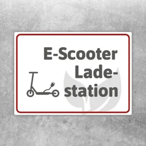 Aufkleber mit der Beschriftung E-Scooter-Ladestation und Scooter-Symbol für Ladebereiche.