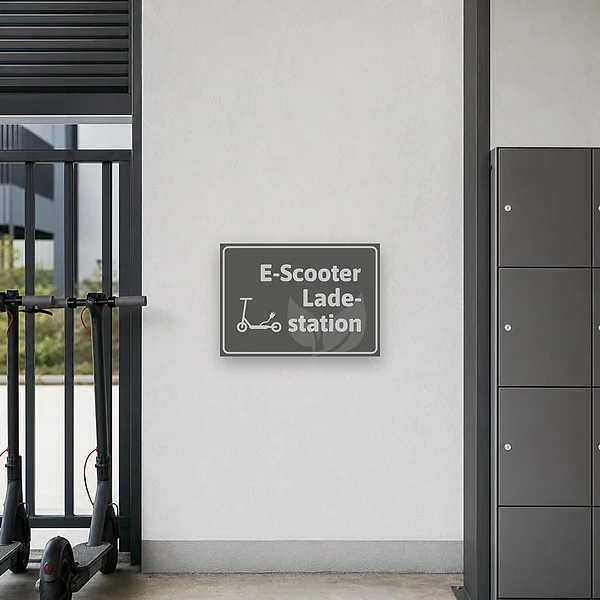 Grauer Schild mit E-Scooter-Symbol und der Aufschrift Ladestation für Ladebereiche.