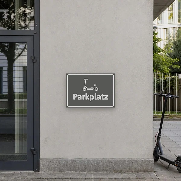 Schild E-Scooter-Parkplatz grau mit Scooter-Symbol und dem Wort Parkplatz für klare Abstellhinweise.