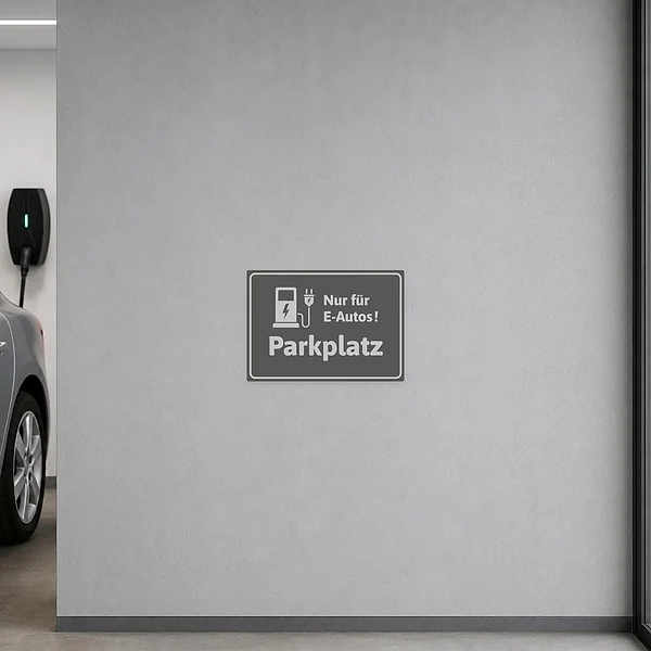 Grauer Parkplatzaufkleber für Elektroautos mit Steckersymbol und klarer Beschriftung.