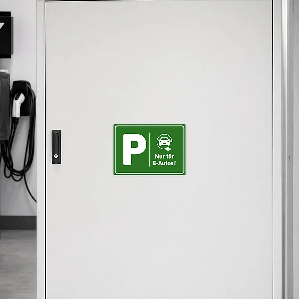 Aufkleber zur Kennzeichnung eines Parkplatzes nur für E-Autos mit grünem Symbolmotiv